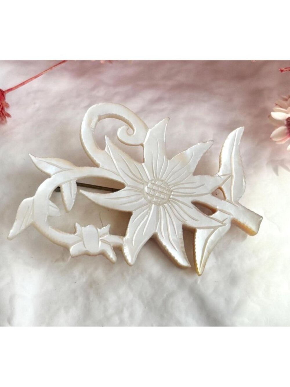 Mother of Pearl White Floral Vintage Handcarved Brooch
